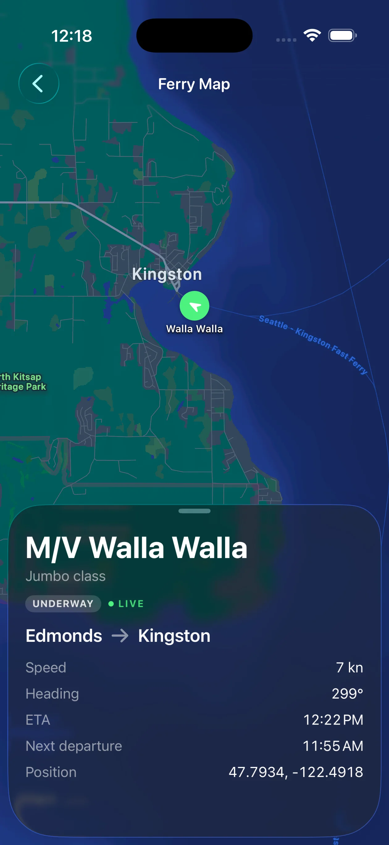 iPhone showing Ferry Map: live map of the Puget Sound with the M/V Puyallup en route, vessel details card with speed, heading, and ETA.