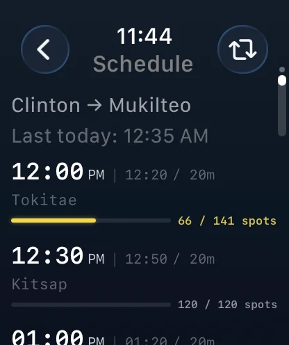 Apple Watch showing schedule from Clinton to Mukilteo: 12:00 PM Tokitae with 66/141 spots, 12:30 PM Kitsap with 120/120 spots, 1:00 PM departure.