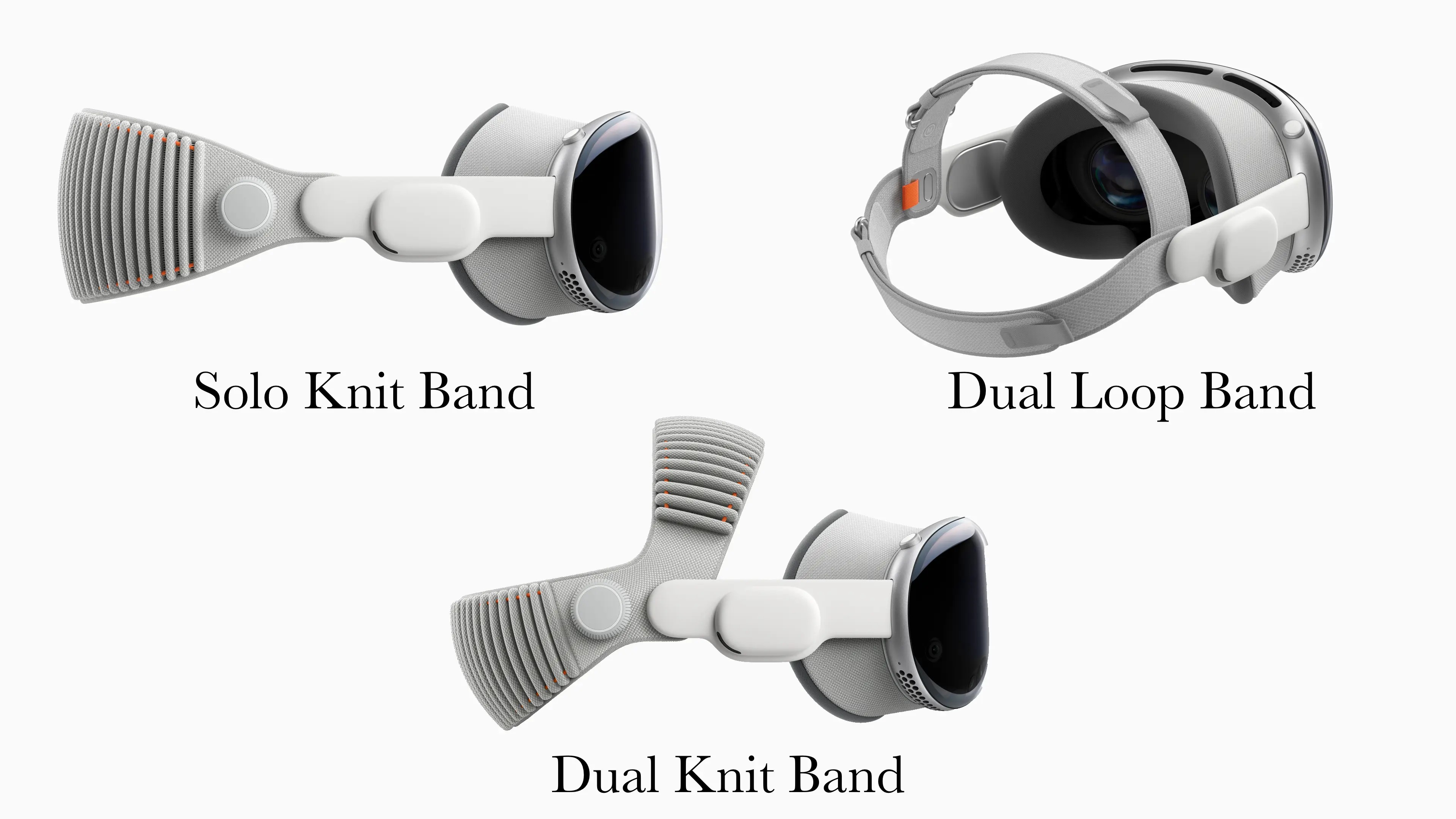 An image of all 3 Vision Pro bands. Top left shows the Solo Knit Band, which only attaches to the back of the user's head and is adjusted with a dial. Top right shows the Dual Loop, which holds both onto the back and top of the head, adjusted with a velcro strap. Bottom middle shows the Dual Knit Band, which has support both on the back and top of the head, each adjusted with the same dial that you can pop in/out to select.