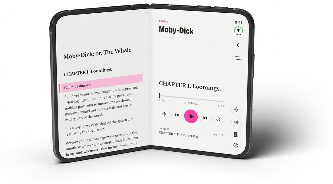 Prismark on a partly folded iPhone Duo: Moby-Dick on the left page with the spoken sentence highlighted, the player on the right.