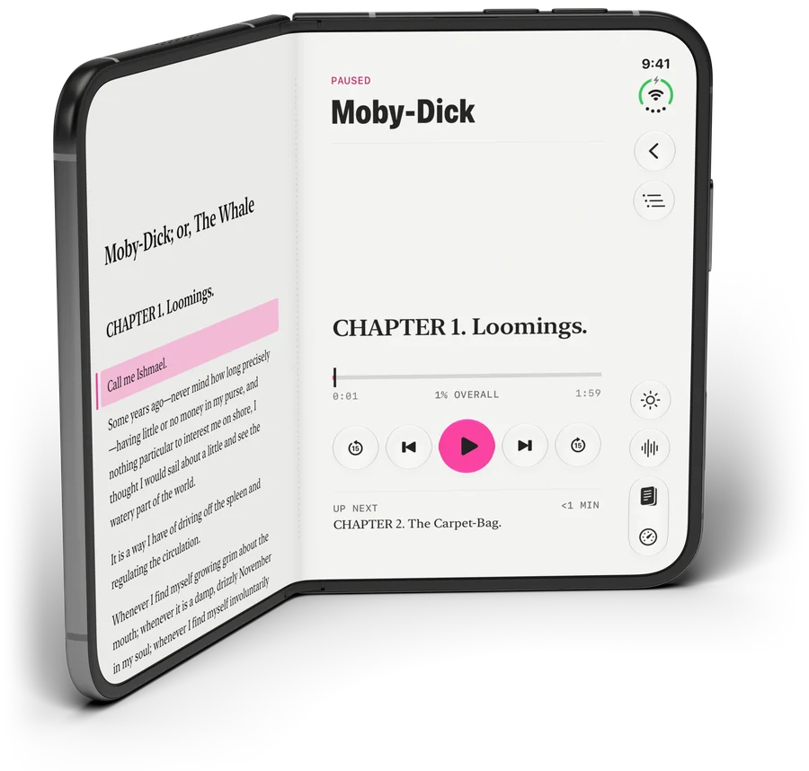 Prismark on a partly folded iPhone Duo standing like an open book: Moby-Dick on the left page with &ldquo;Call me Ishmael.&rdquo; highlighted in pink, the player on the right.