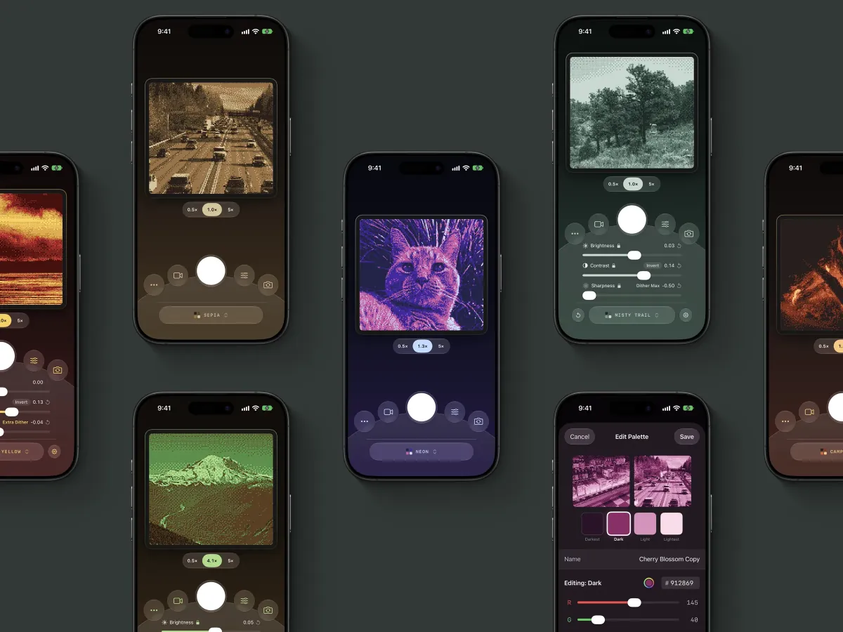 Pixellate Camera on iPhone, with four-color photos of a cat, mountains, and traffic, plus camera controls and a palette editor.