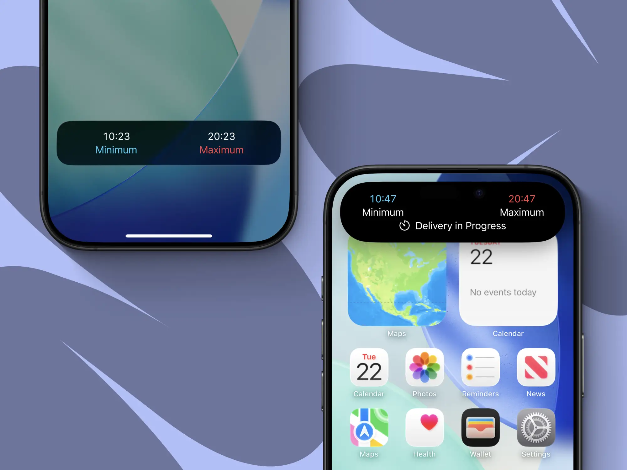 A picture showing a Live Activity counting down the minimum and maximum delivery time for a Dominos pizza order, displayed both on the iPhone lock screen and in the Dynamic Island.