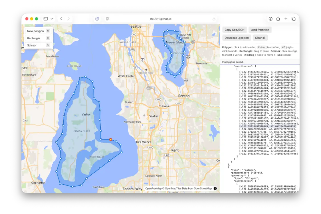 A screenshot of the GeoJSON Polygon Drawer tool. A Safari window shows a map of the Seattle area with two hand-drawn polygons outlining Mercer Island and Vashon Island. A floating toolbar on the left has buttons for New polygon, Rectangle, and Scissor tools. A sidebar on the right displays the resulting GeoJSON coordinates.