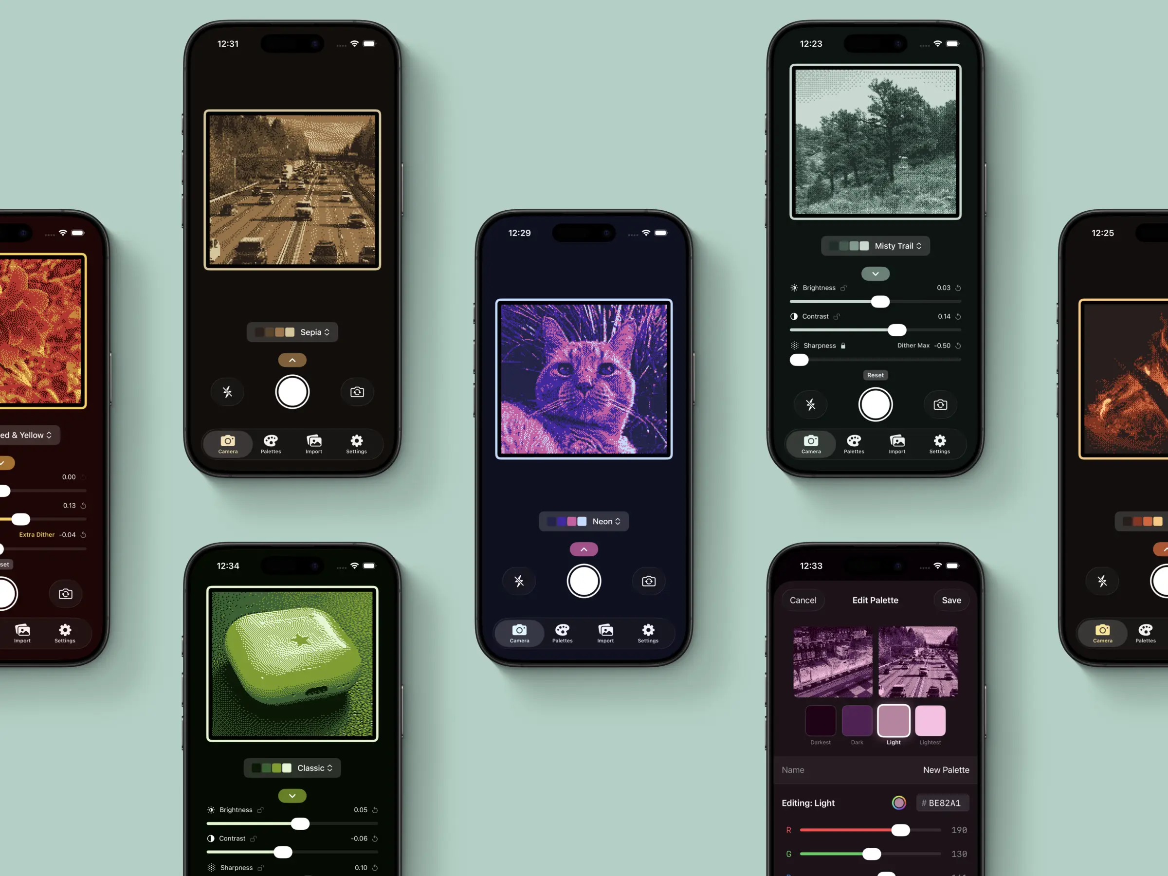 An image of multiple iPhone renders displaying several different configurations of Pixellate Camera. They are all rendered in only 4 colors, with dithering to display additional color depth. Some of the viewfinder images include: An interstate with cars driving towards the camera, a cat looking curious, an arid tree on a rocky landscape, and a campfire.