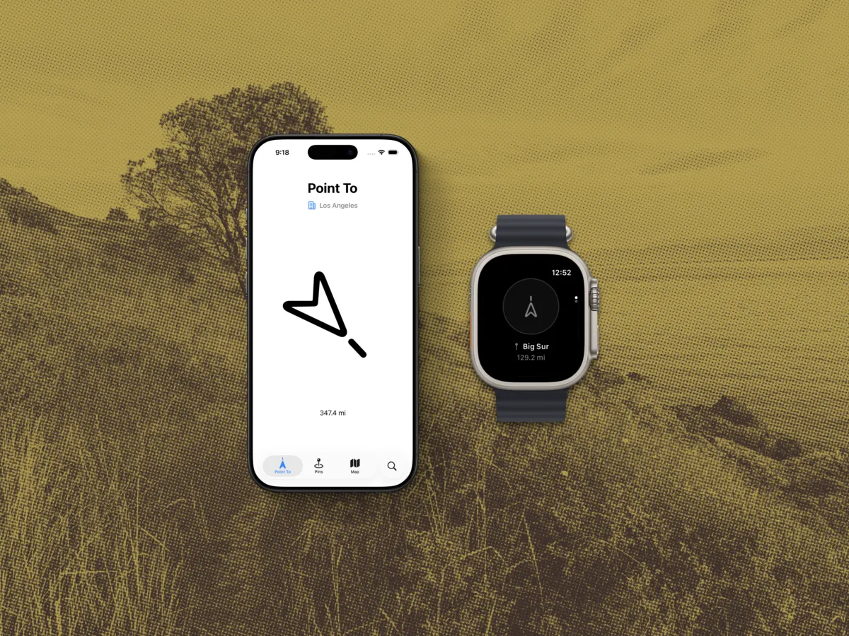 An image of Point To: Custom Compass running on an iPhone and Apple Watch. One is pointing towards Los Angeles, and the other pointing towards Big Sur. They are rendered floating on top of a background depicting a coastline.