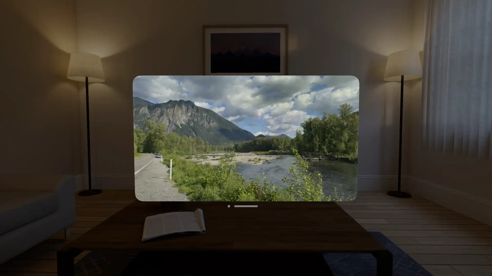 Recall: Moving Gallery Screenshot. It shows a picture of a valley within a VisionOS app window, superimposed over a living room.