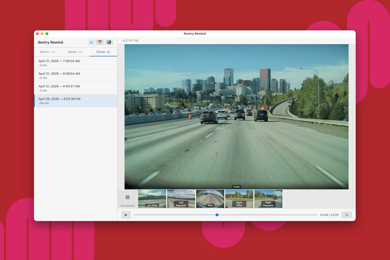 An image of Sentry Rewind. It is displaying a forward facing view of a car driving on an interstate during the day.