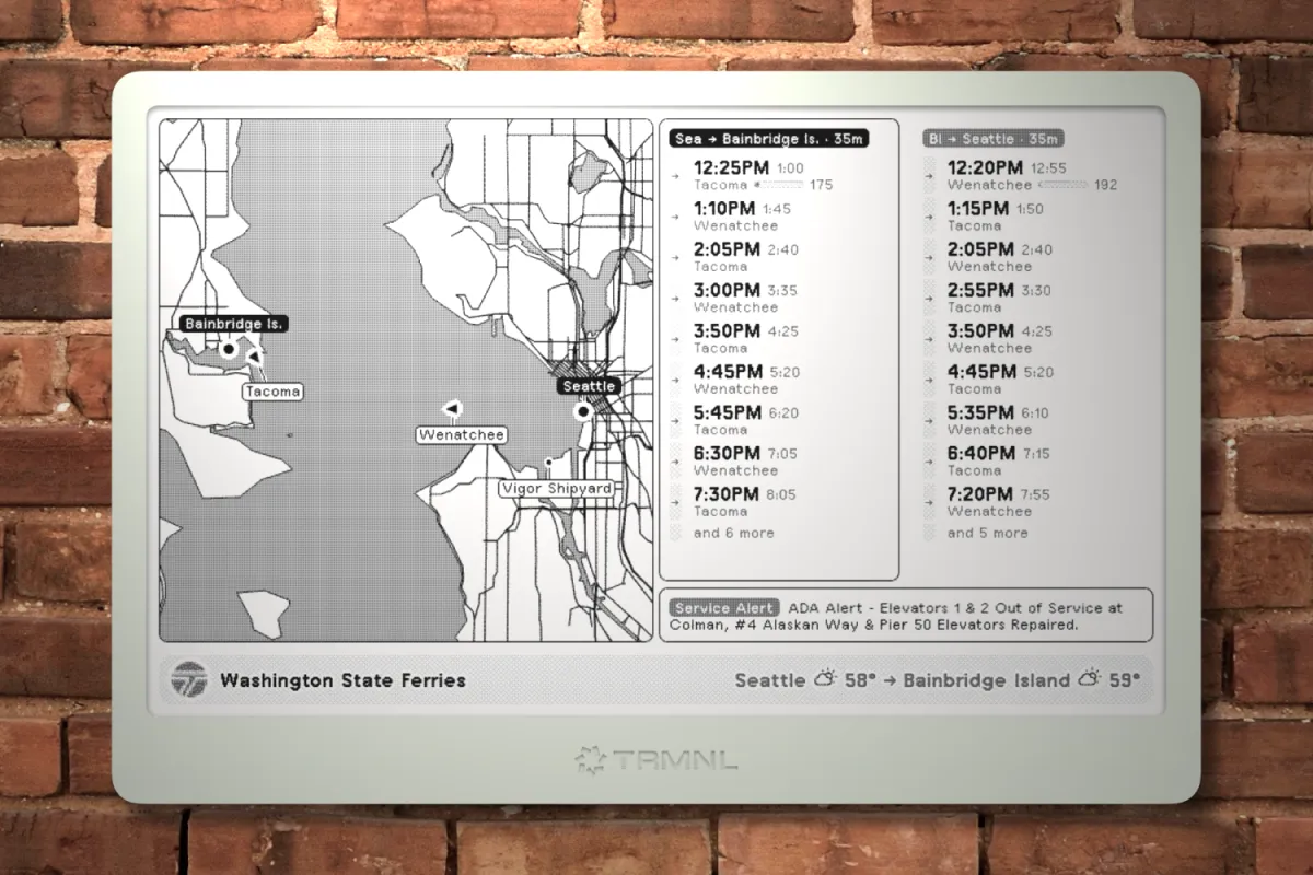 An image depicting the project, a TRMNL display widget. It is a monochrome interface depicting a map and schedules of departing times for both directions between Seattle, WA and Bainbridge Island, WA.