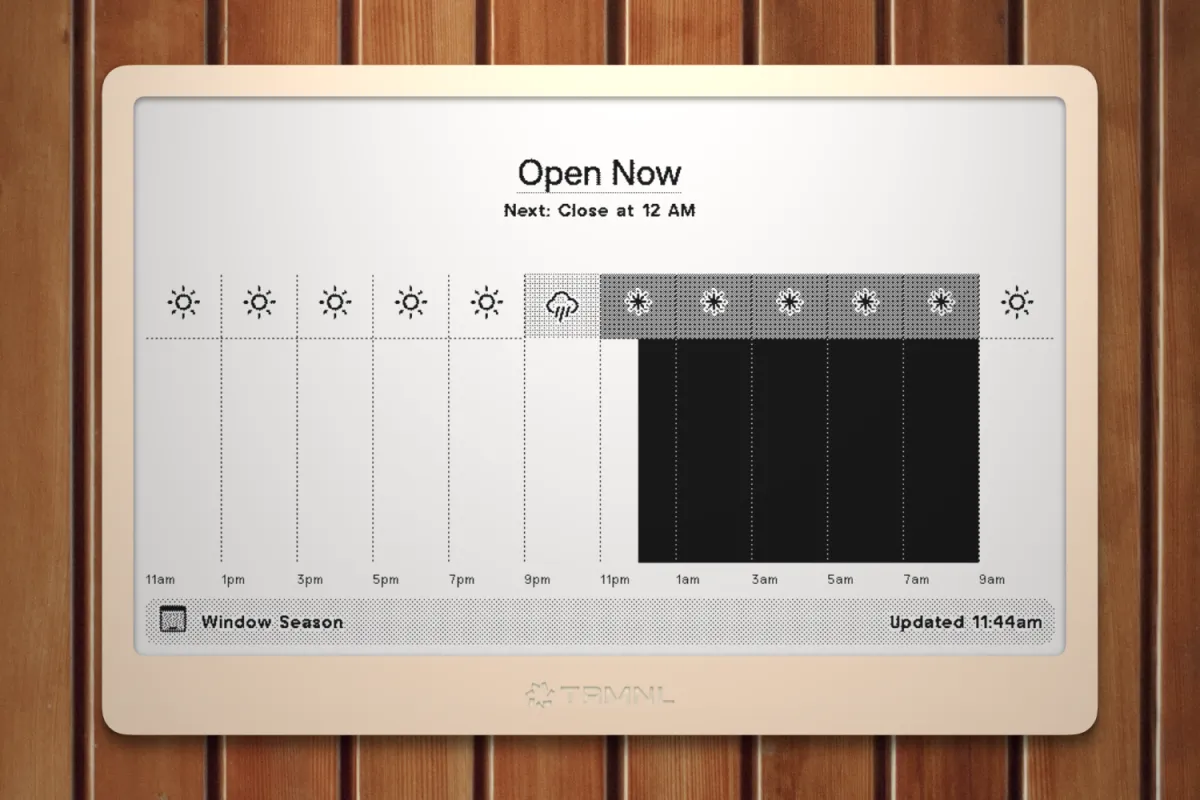 An image depicting the project, a TRMNL display widget. It is a monochrome interface advising whether to open or close windows for overnight cooling, with simplified temperature and humidity readings.