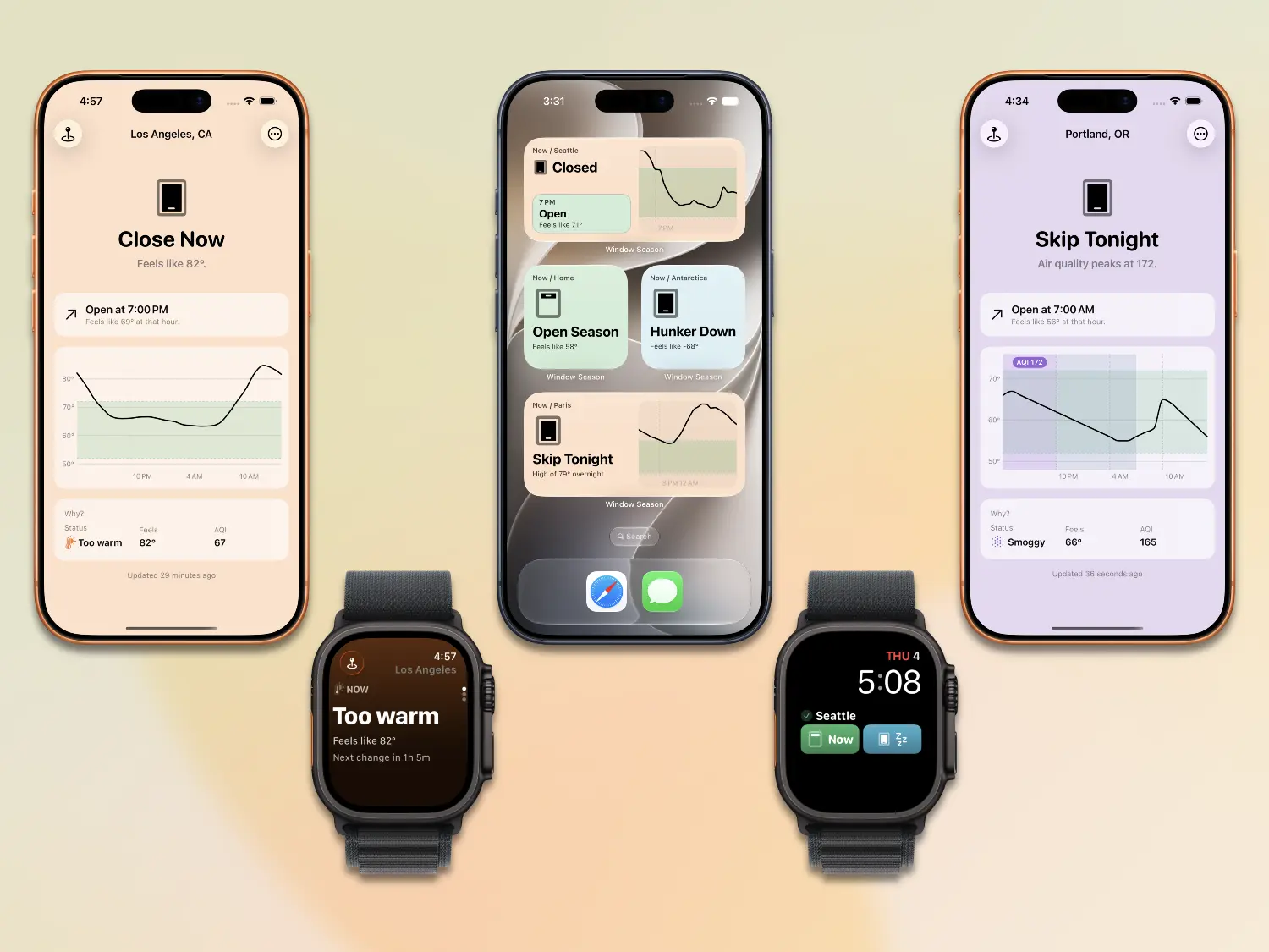 Window Season running on three iPhones and two Apple Watches. One iPhone shows a 'Close Now' screen for Los Angeles with a feels-like temperature graph; another shows a home screen with Window Season widgets for Seattle, Los Angeles, San Diego, and Antarctica; the third shows a 'Skip Tonight' air-quality warning for Portland. The watches show a 'Too warm' status and a watch face complication showing to open now and close when going to sleep.