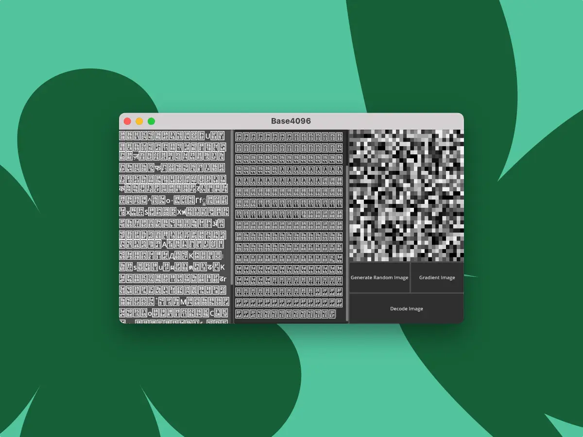 A macOS window displaying inputs and outputs of the Base4096 algorithm across three columns: two columns of encoded Unicode characters and a generated noise image, with buttons to generate a random image, gradient image, or decode an image.