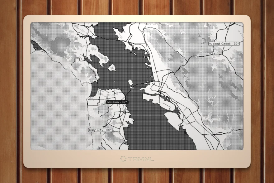 San Francisco Bay Ambient Map on TRMNL, with fog shading and temperature labels for the Mission, Daly City, and Walnut Creek.