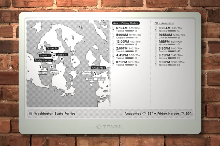 Washington State Ferries on TRMNL, with a San Juan Islands vessel map beside sailing schedules for Anacortes and Friday Harbor.
