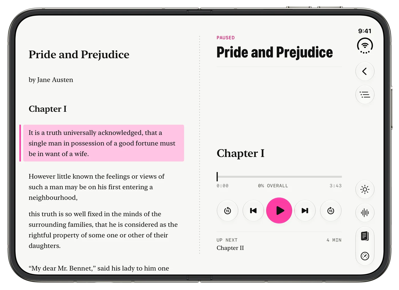 Prismark open on iPhone Duo: Pride and Prejudice on the left page with the opening sentence marked in pink, the player on the right.