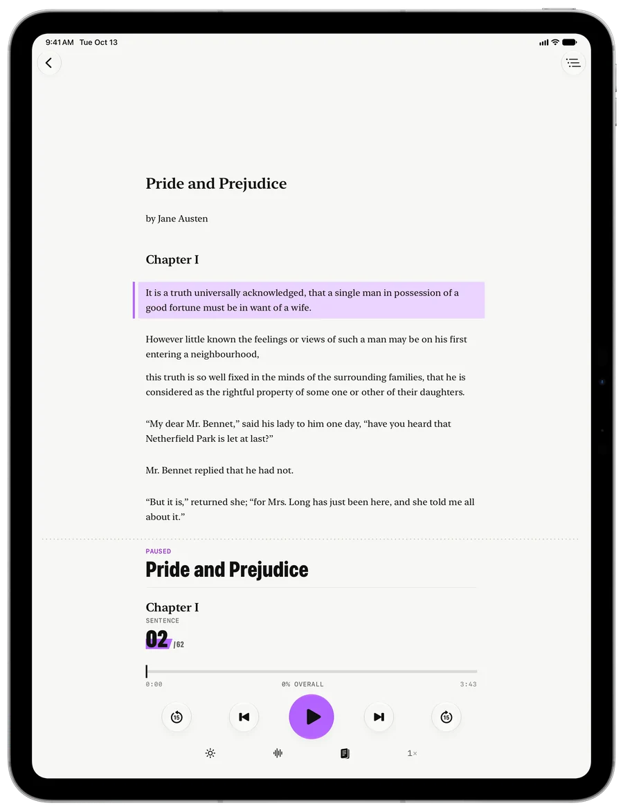 Prismark on iPad reading Pride and Prejudice in violet, the player below the text.