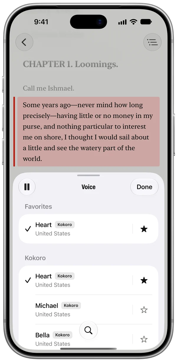 The voice picker over Moby-Dick on iPhone, with favorite voices starred.
