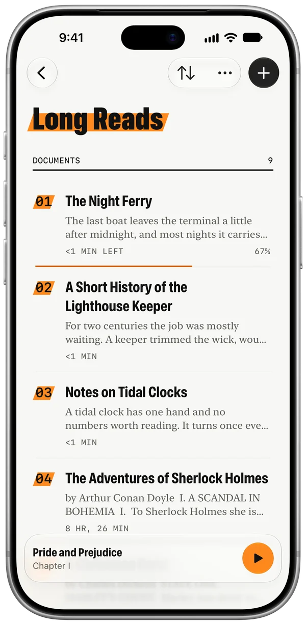 The Long Reads folder on iPhone, marked in orange, listing saved articles and books.