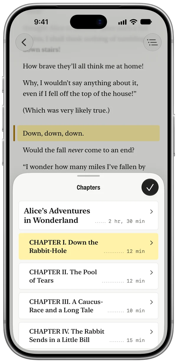 The Chapters list for Alice’s Adventures in Wonderland on iPhone, the current chapter marked in yellow.