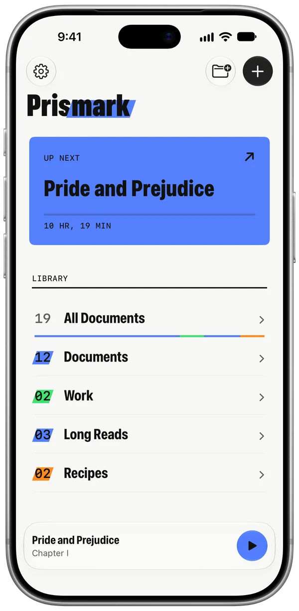 The library on iPhone in blue, with Pride and Prejudice up next and folders below.