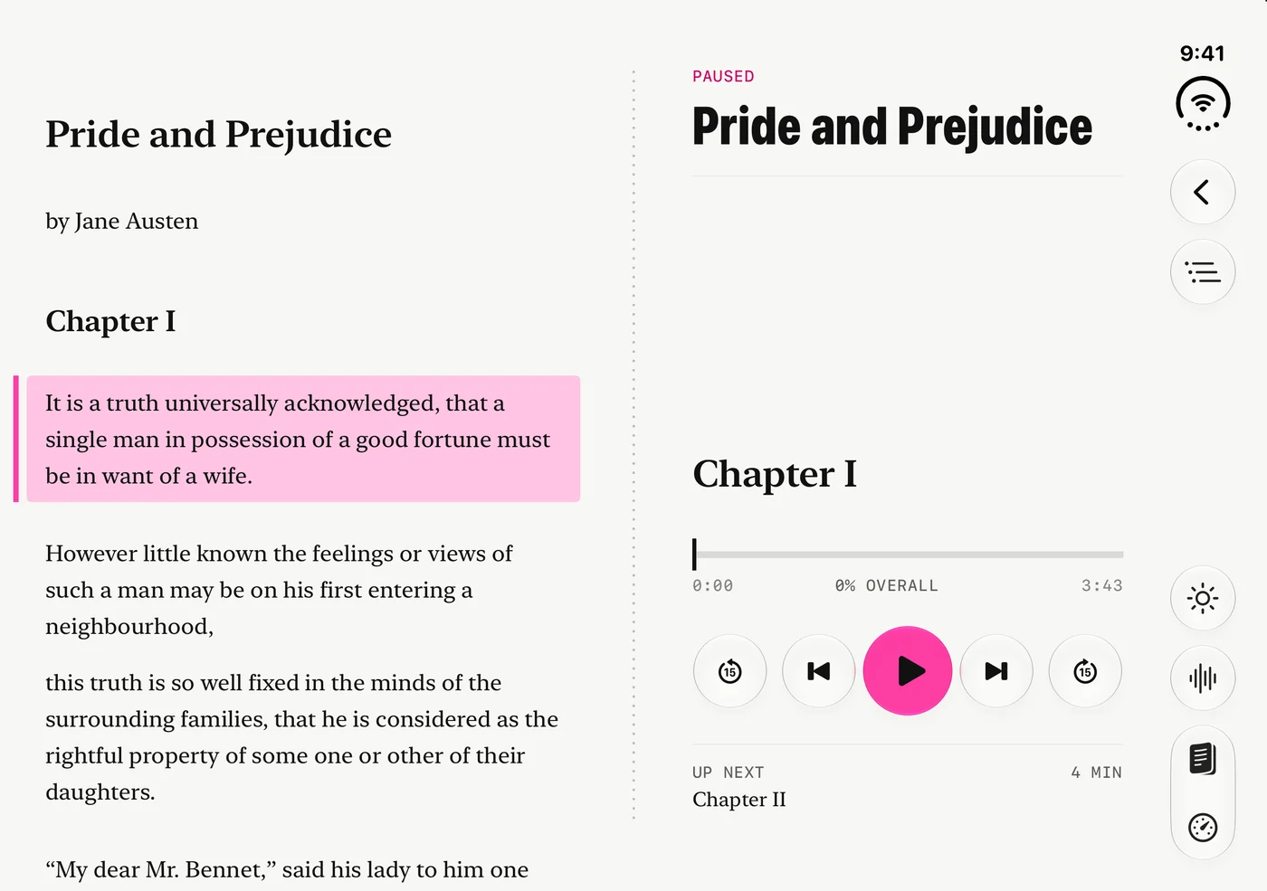 Prismark open on iPhone Duo: Pride and Prejudice on the left, the player on the right.