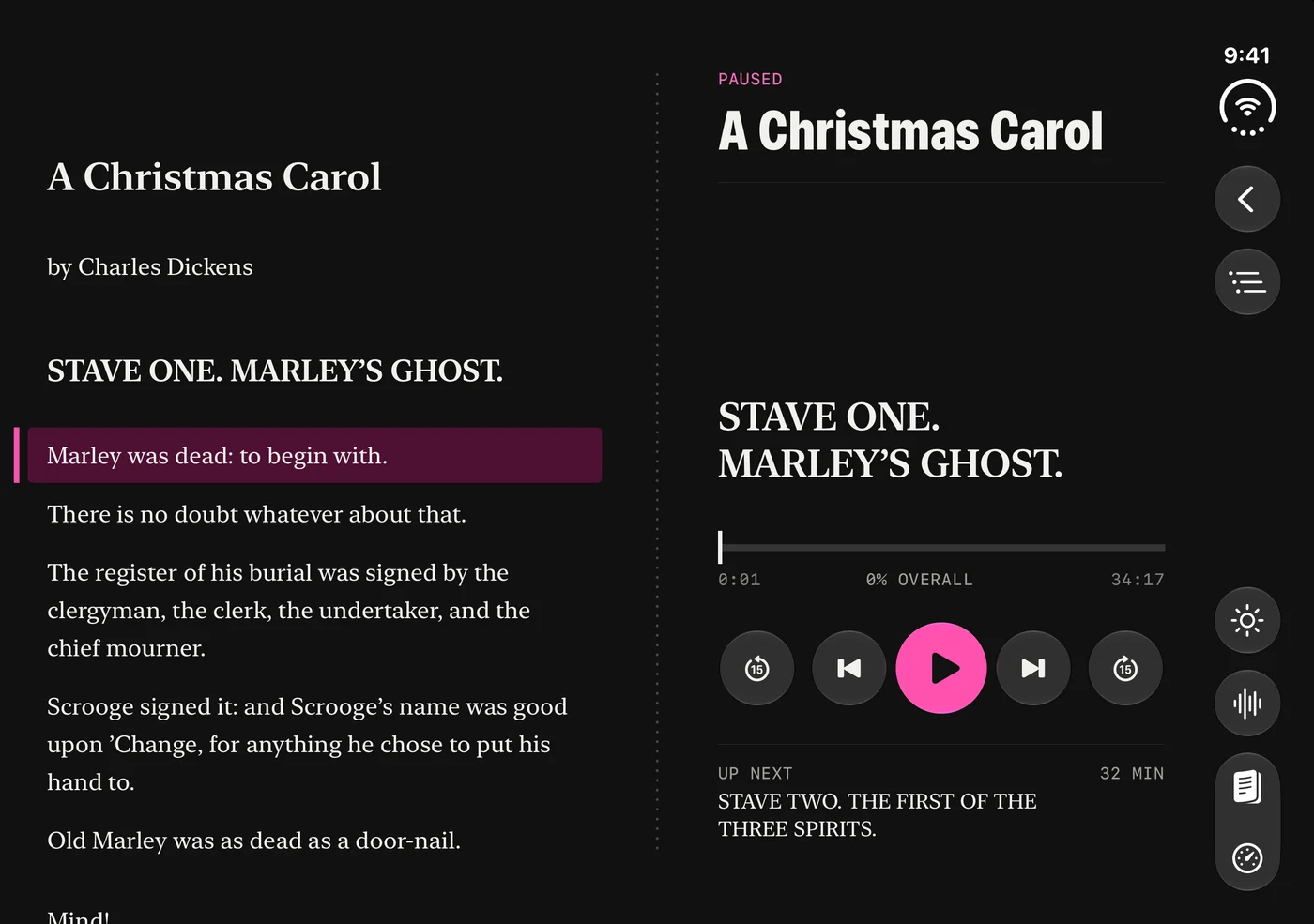 Prismark open on iPhone Duo in dark mode, reading A Christmas Carol.